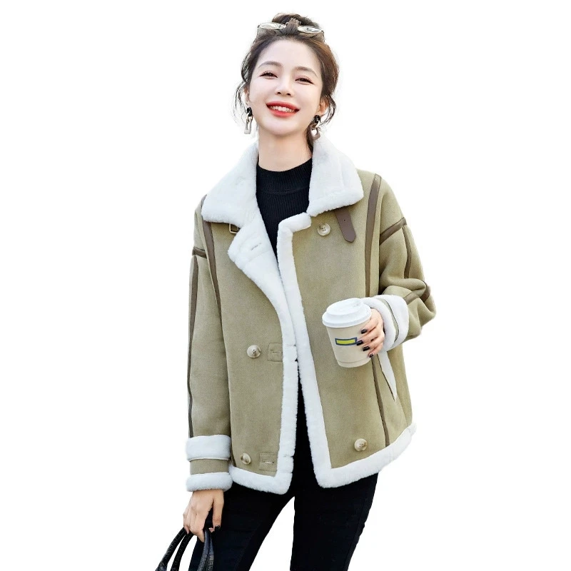 เสื้อโค้ทขนแกะสำหรับผู้หญิง ฤดูหนาว 2025 แบบสั้น หนา อุ่น แต่งขนเฟอร์ทั้งตัว แขนยาว ซิปยาว แจ็คเก็ตบอมเบอร์ หรูหรา
