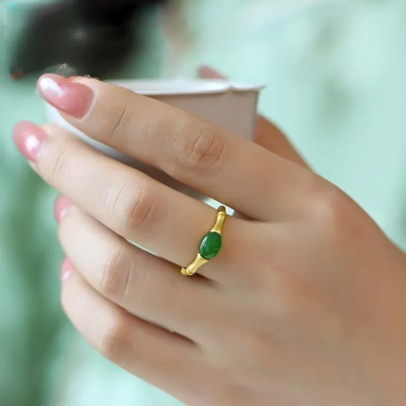 Green Natural Jade Bamboo Ring, Stone-Carved Gemstone, vintage Charm, Lucky Talisman, Adjustable Ring, Real Jewelry view 2