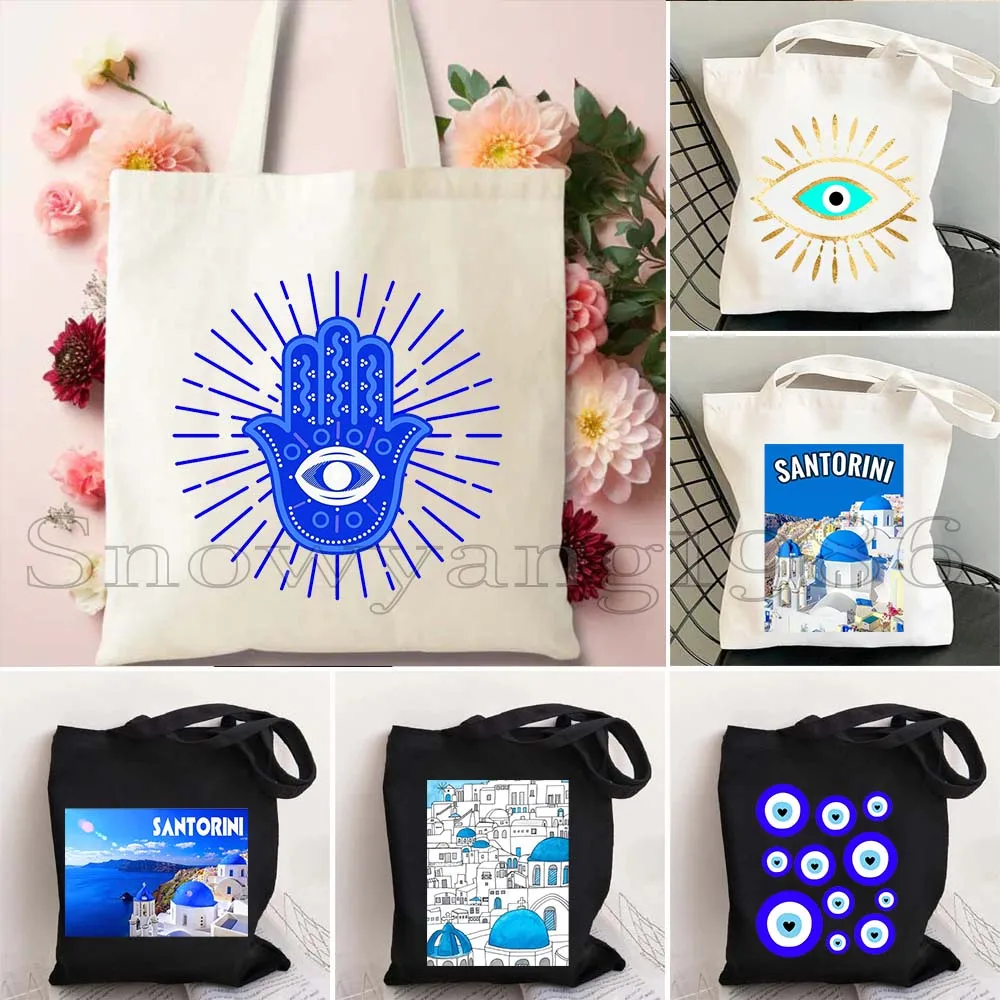 Mapa de la bandera de Grecia Ellas, mal de ojo griego, Atenas, Santorini, Oia KOS, isla, corazón, bolso grande de hombro, bolso de compras de lona Harajuku