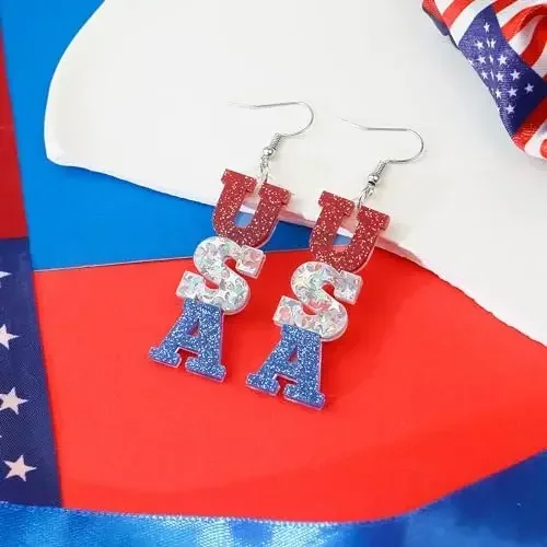 Classic Fashion Red White Blue Alloy Letter Studded Diamond Geometric Shape Earrings Ladies Graduation Gift