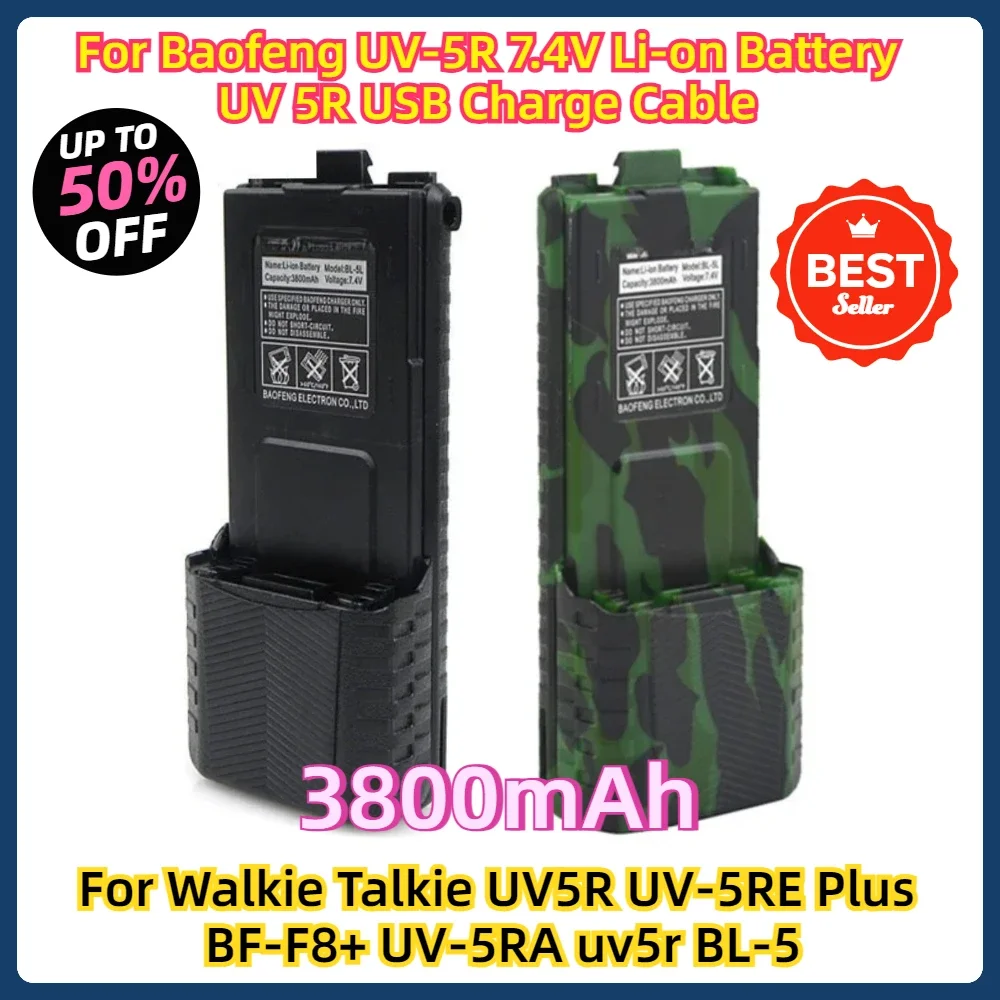 For Baofeng UV-5R 7.4V Li-on Battery UV 5R USB Charge Cable for Walkie Talkie UV5R UV-5RE Plus BF-F8+ UV-5RA uv5r BL-5 3800mAh
