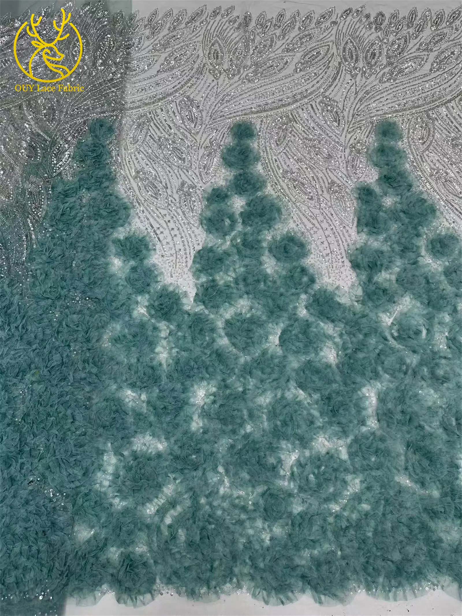 3D-grüner französischer Pailletten-Spitzenstoff mit Blumenmuster, 2026, hochwertiger afrikanischer Perlen-Spitzenstoff, ideal für Partykleider und Hochzeitskleider – Detail 20