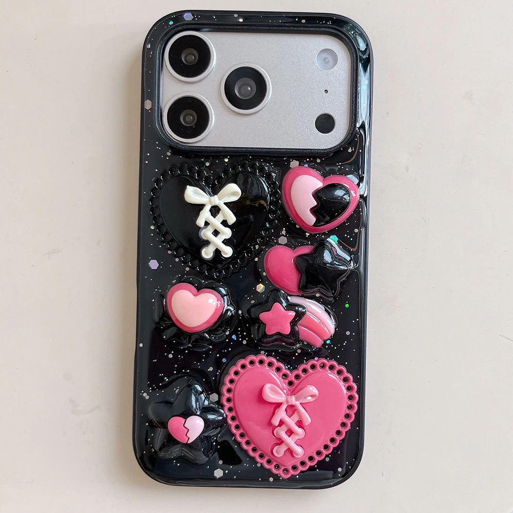 

3D Heart Girly Glitter Black Phone Case For iPhone 17 Air 16plus 15 14 13 12 11 Pro Max Shockproof Fashion Soft Silicone Cover