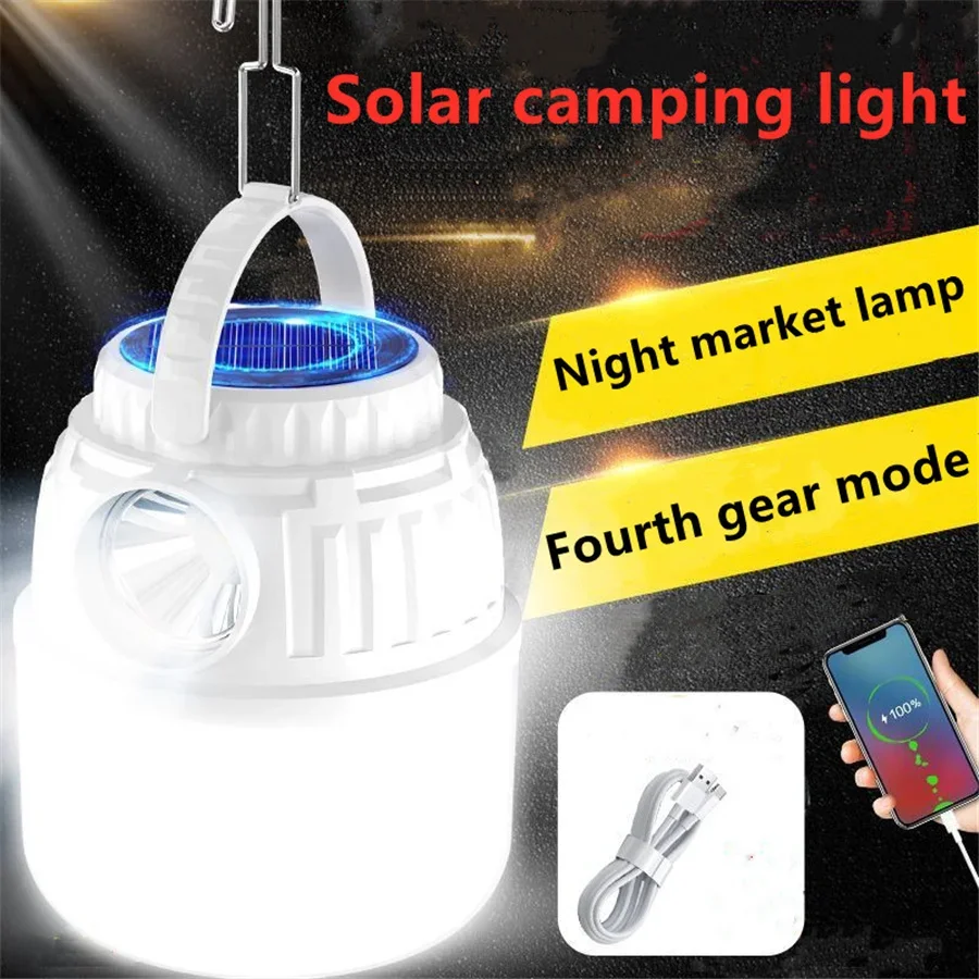 2024 New Solar Led Camping Light Outdoor Tent Lamp USB Rechargeable Portable Lanterns Emergency Night Market Lights Flashlight