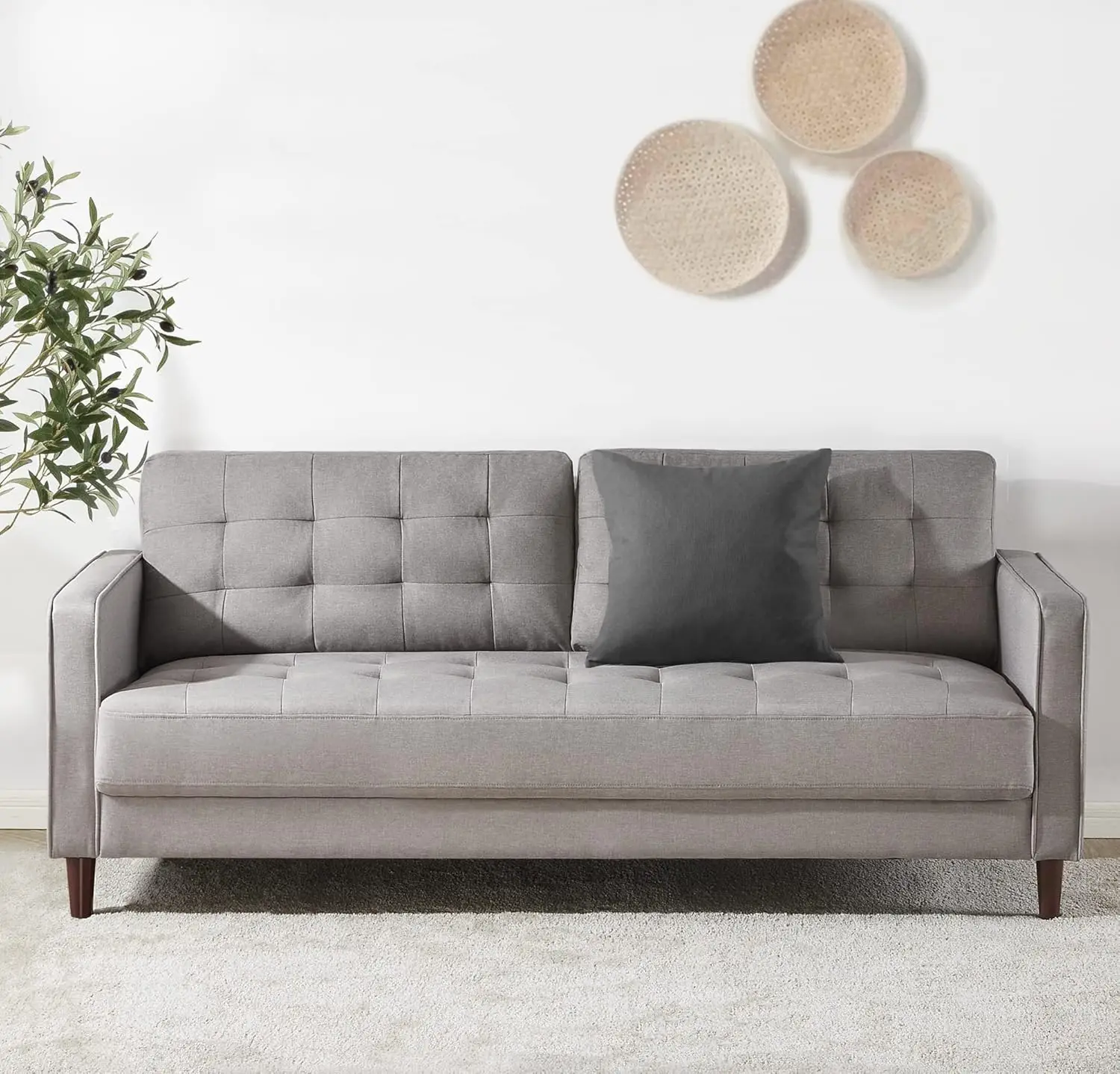 Sofa Couch / Grid Tufted Cushions / Easy, Tool-Free Assembly, Stone Grey