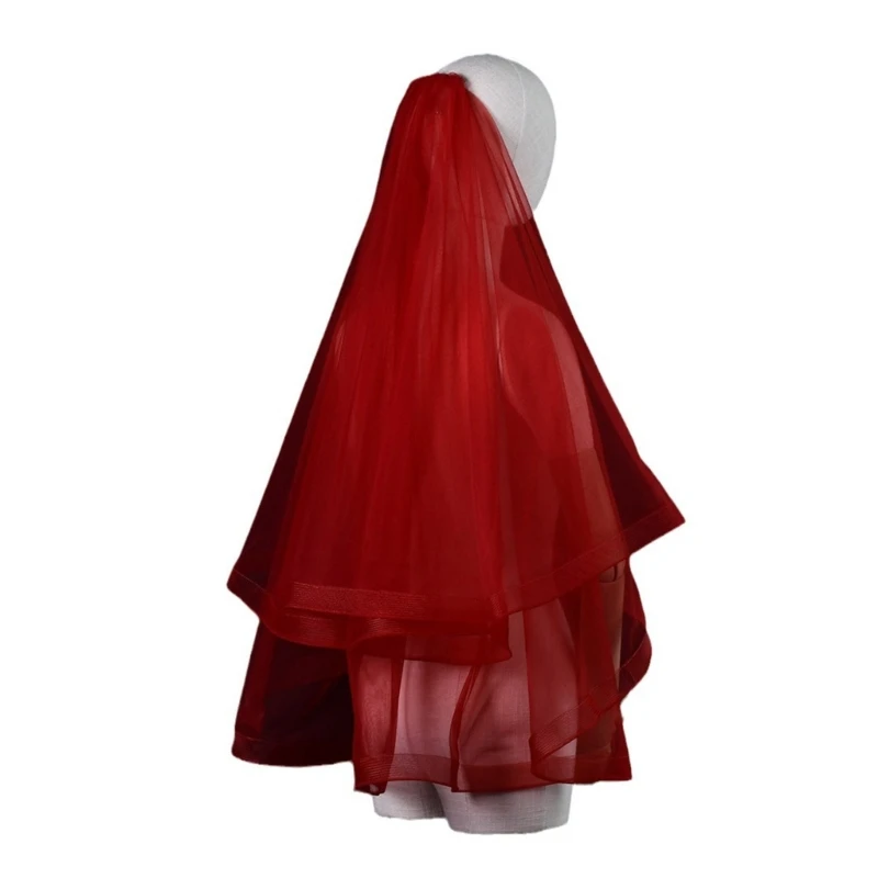 

652F Bride Veil Simple Veil Head Covering Wedding Hair Sheer Crimson Wedding Veil Headscarf Mantilla Veil