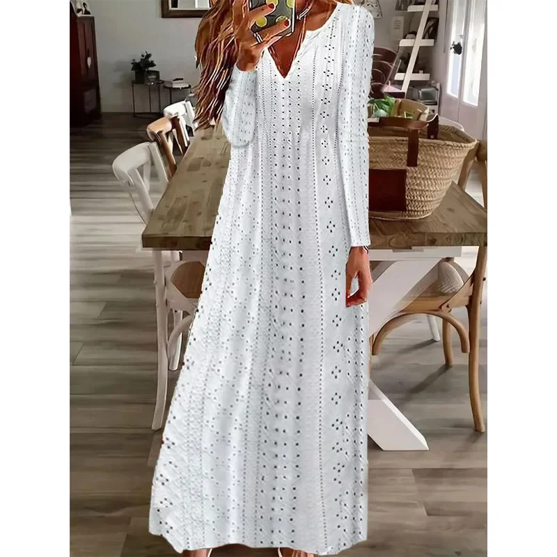 

2023 New Autumn Elegant and Casual Comfortable Pullover V-Neck Strap Hollow Jacquard Loose Sleeve Solid Women's Commuter Dress