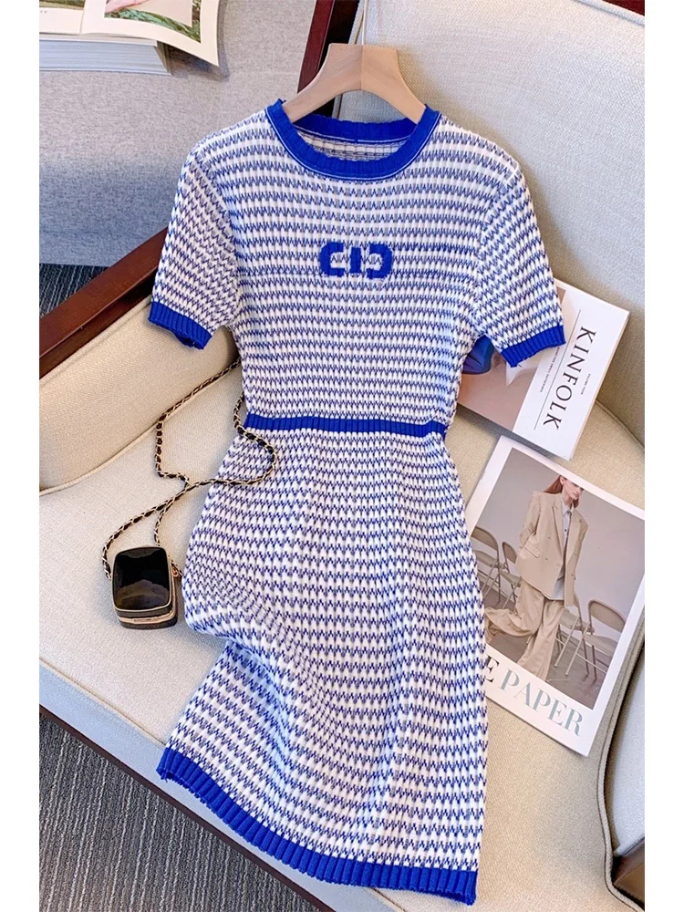 2023 Summer Vintage Short Sleeve O-neck Striped Blue Dresses Women\'s Elegant Classic Office Lady A-Line Ladies Slim Fit Dress