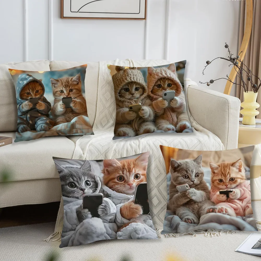 Cute Kitten Phone-Using Pillowcases Office car sofa bed cushion cover home bedroom decoration