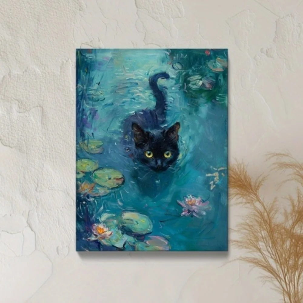 Pond Black Cat Canvas Poster Print Frameless Wall Decor Home Bedroom Living Room Office Room Decoration Wall Decor Indoor