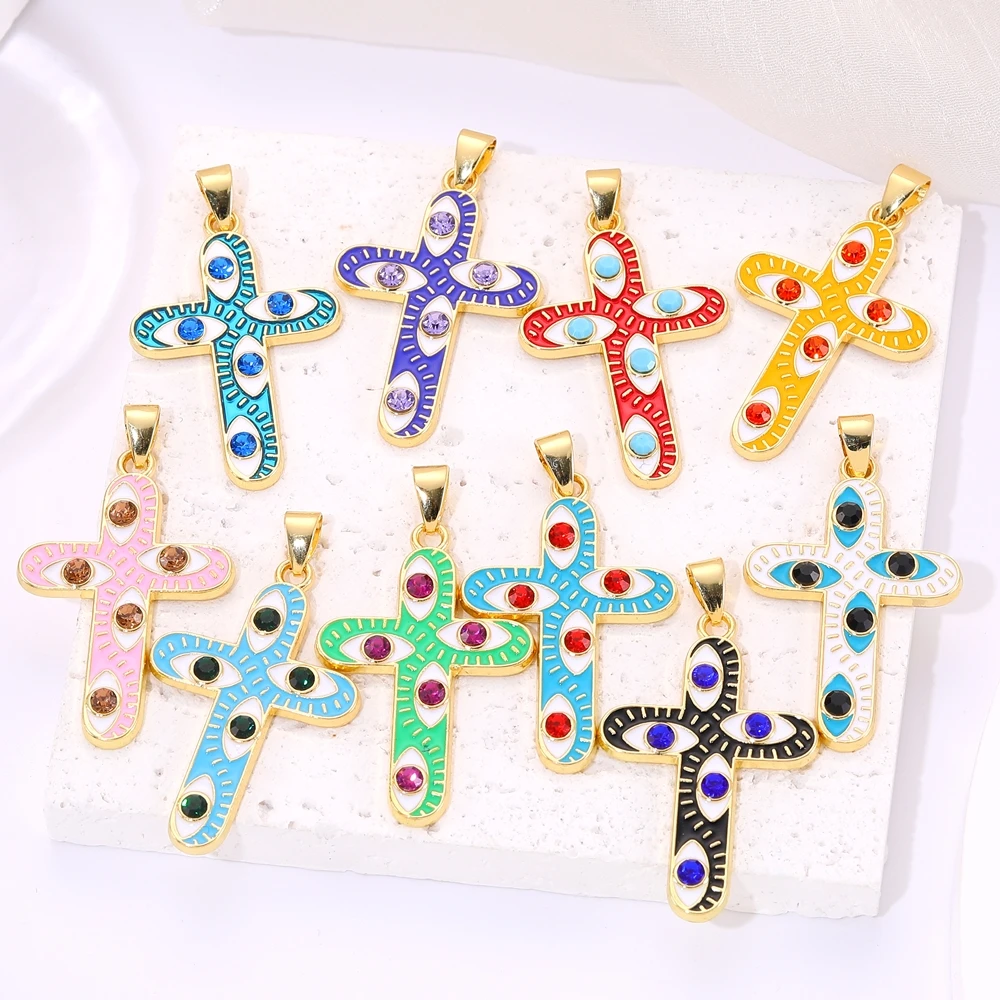 Juya 18K Gold Silver Plated Colorful Enamel Crosses Charms For DIY Religious Rosary Greek Evil Eye Pendants Jewelry Making