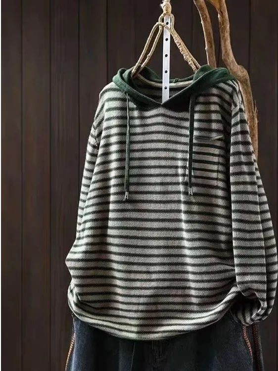 

Универсальный полосатый трикотаж с капюшоном в стиле ретро, свободный базовый слой, свитер irt для поездок на работу, длинный све, обычная длина, китайский бренд