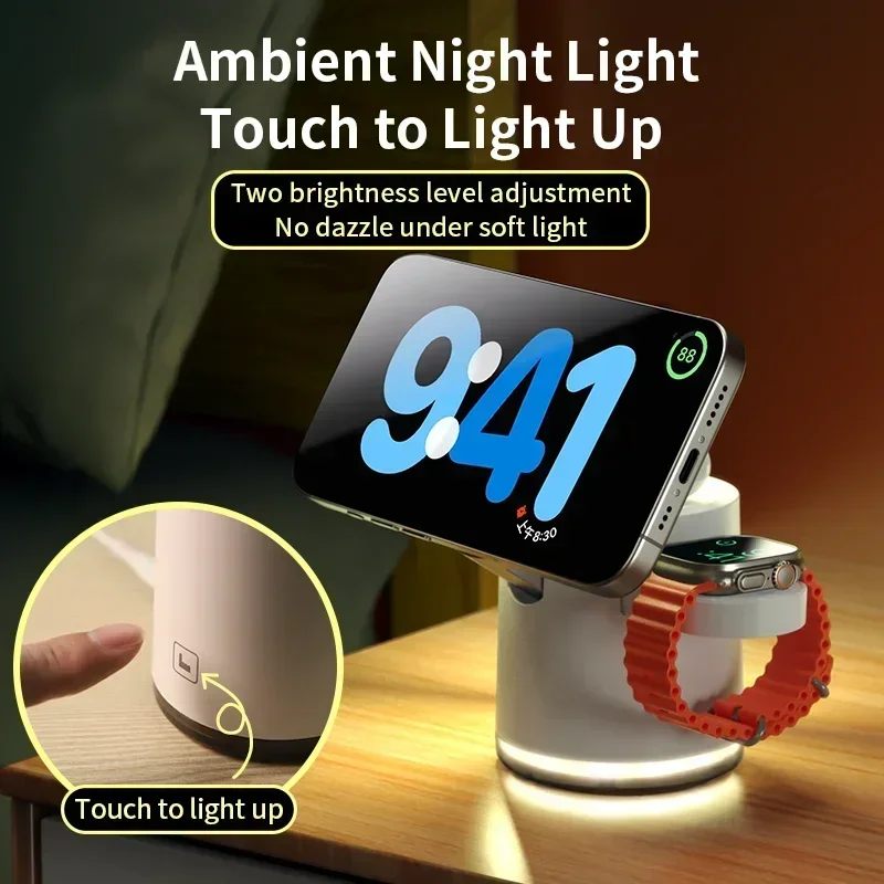 

4 in 1 QI2 Wireless Charger Fast Charging Dock Stand Night Light For Magsafe iPhone 16 15 14 Pro Max Airpods Pro Apple Watch 2-8