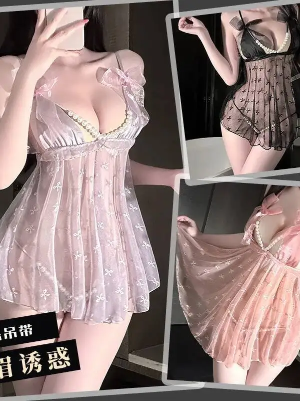 Nightclub Sexy Puro Desiderio Abito di Perle Sexy Pizzo Bowknot Stampa Maglia Trasparente Backless Profondo V Bretelle Senza Maniche Fascino 15QV