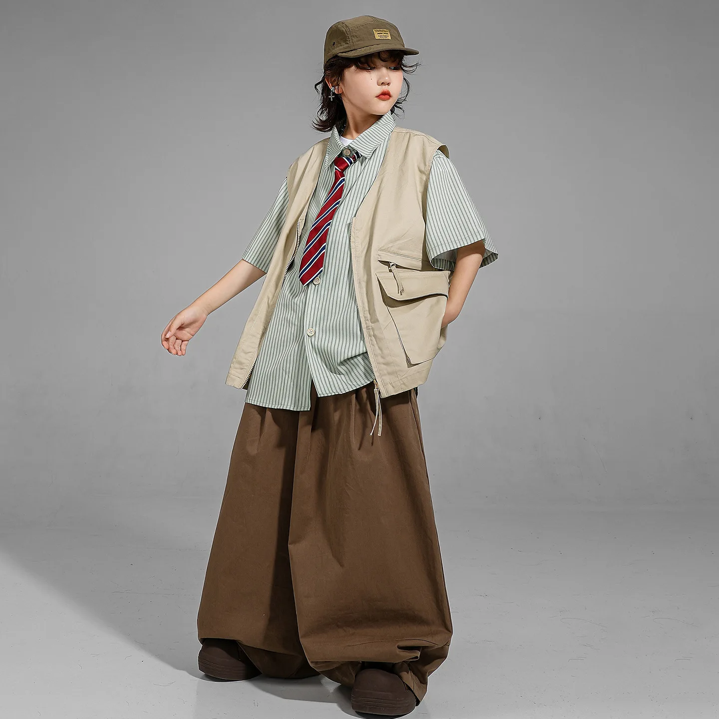 Enfant Kpop Hip Hop vêtements vert rayé chemise kaki gilet café décontracté jambe large pantalon plissé pour fille garçon danse Costume vêtements