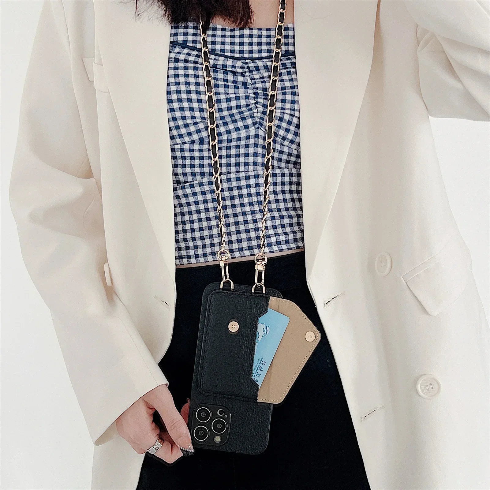 Telefoonhoesje met crossbody-tas, kaarthouder en kettingriem voor iPhone 17 Air 16 15 14 13 12 11 Pro Max XR XS 8 7