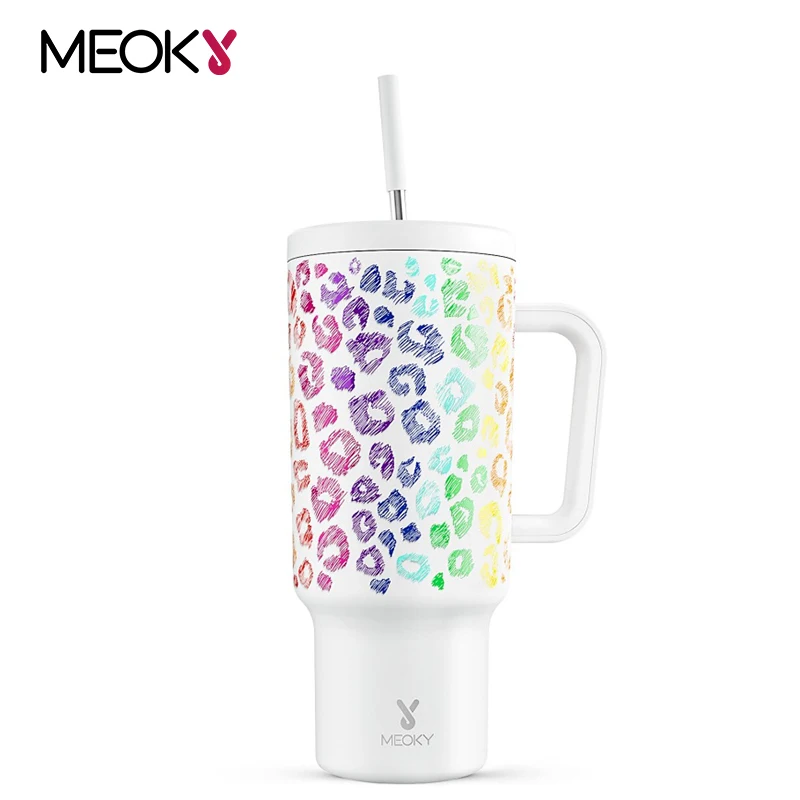 

Meoky 40oz Tumbler with Handle Straw Lid Stainless Steel Thermal Iced Travel Cup Colored Lip Vacuum Insulated Double Wall Mug