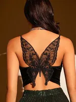 Goth Butterfly Embroidery Mesh Velvet Cami Top Women Grunge Black V-neck Backless Sleeveless Spaghetti Strap Crop Top Streetwear