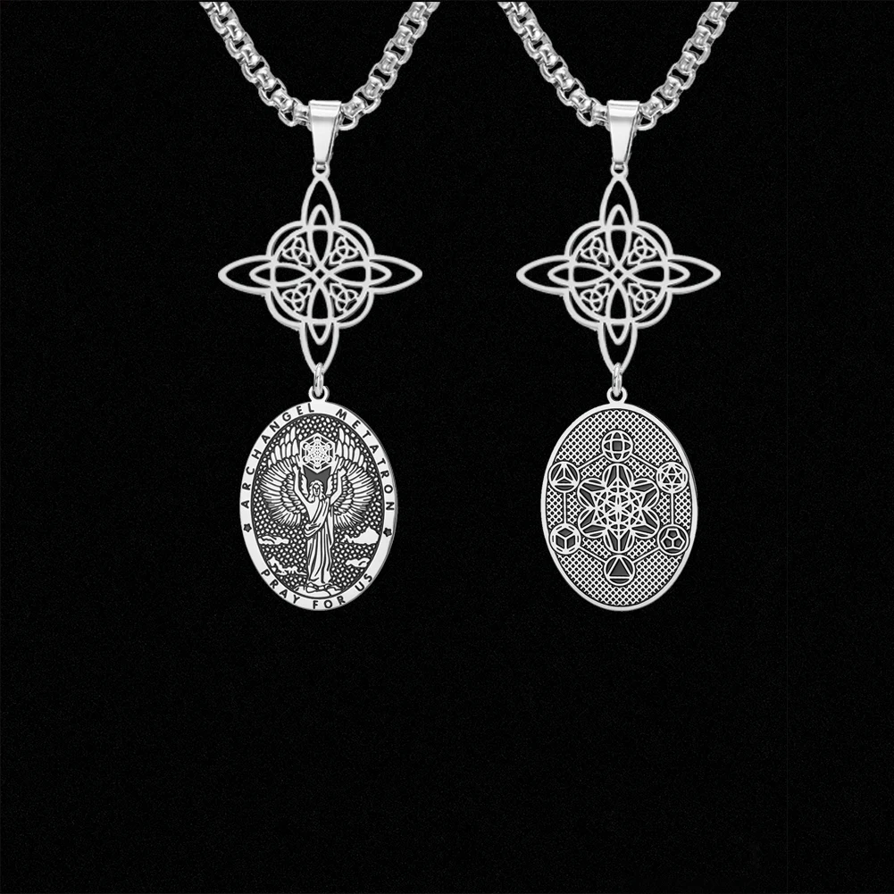 Double Protection Necklace Witch Knot Archangel Metatron Double-Side Stainless Steel Amluet Jewerly for Men