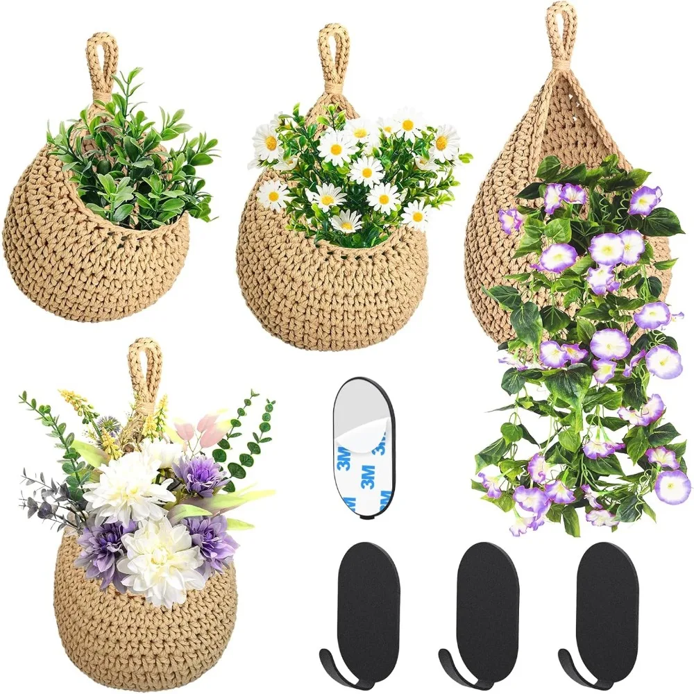 

подвесные корзины с фруктами для кухни, 3 упаковки, тканый настенный декор в стиле бохо с 3 прочными крючками, подвесная корзина для дома