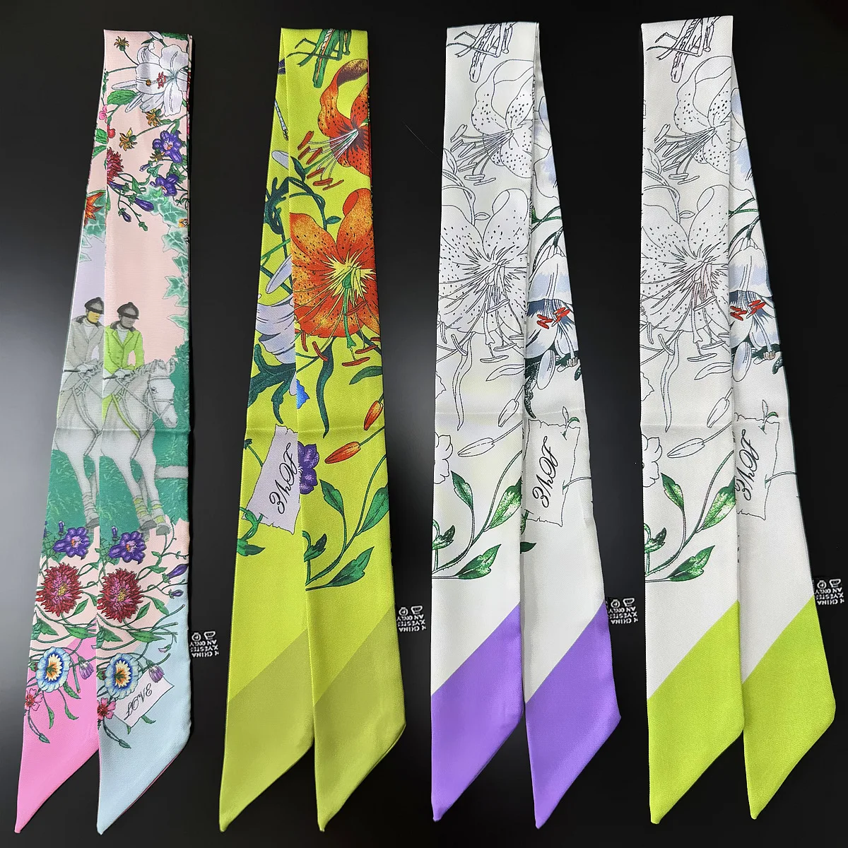 

Korean Style Floral Silk Scarf Women's Bag Decorative Bow Tie Spring Summer New Style Polyester Fiber Long Rectangle Scarf