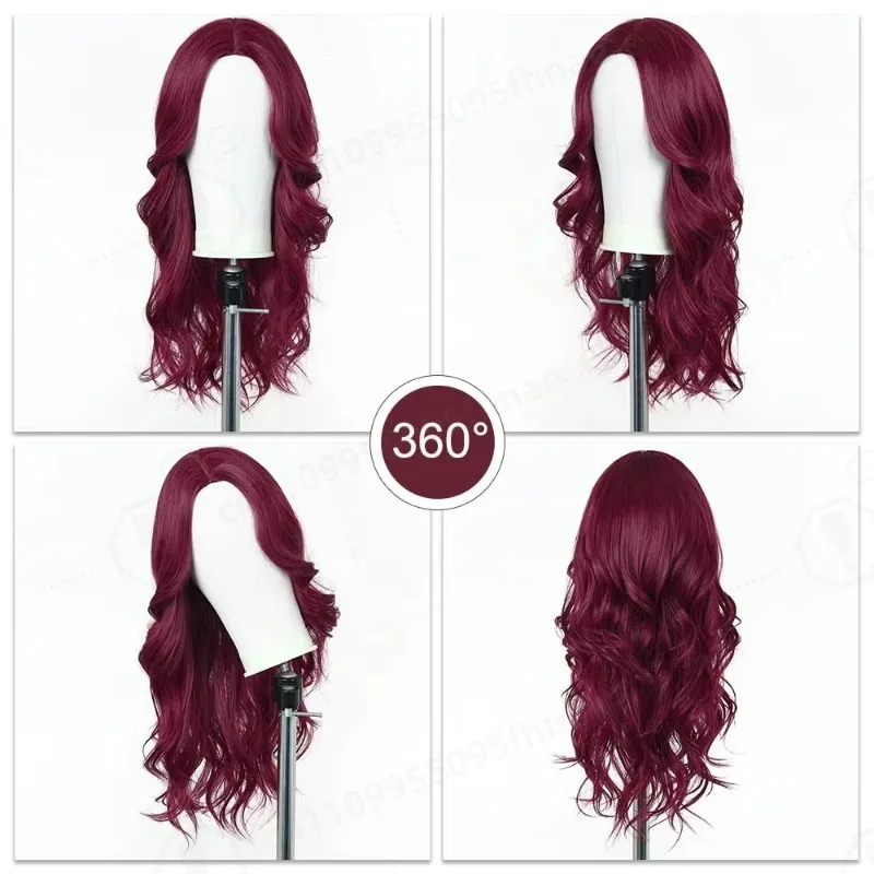 Red wine color synthetic wig with big waves for party, Halloween cosplay, everyday use, high-temperature hair silk wig set