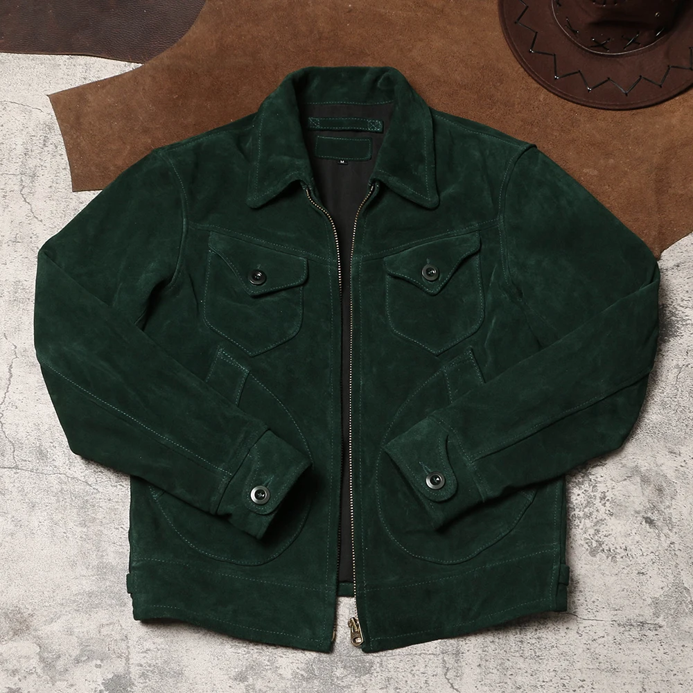 

Vintage Washed Mendoza Leather Jacket Dark Green Suede Cowhide Lapel Leather Jacket Autumn/Winter Farmer Leather Jacket