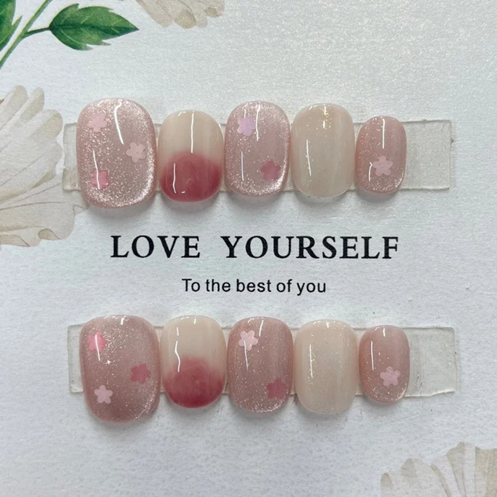 다채로운 짧은 사각형 라운드 그라디언트 재사용 가능한 전체 커버 네일 하이 엔드 꽃 고양이 눈 가짜 손톱에 다이아몬드 인공 프레스