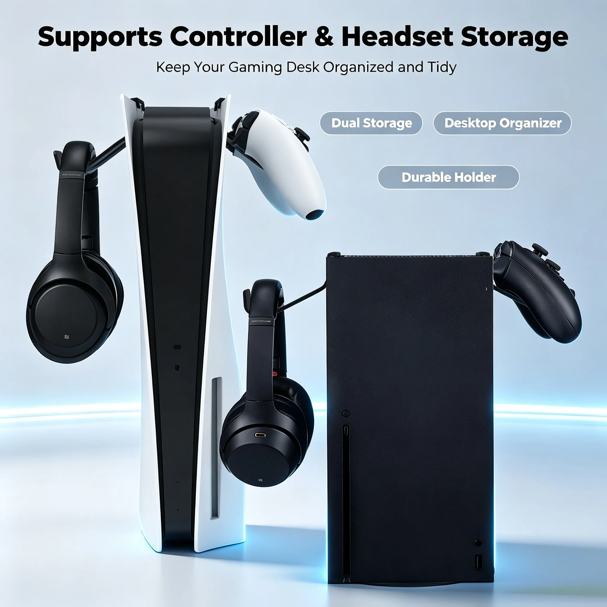2-Pack Controller & Headset Hanger for PS5 & Xbox Series X – Tool-Free Mount, Space-Saving Gamepad & Headphone Holder