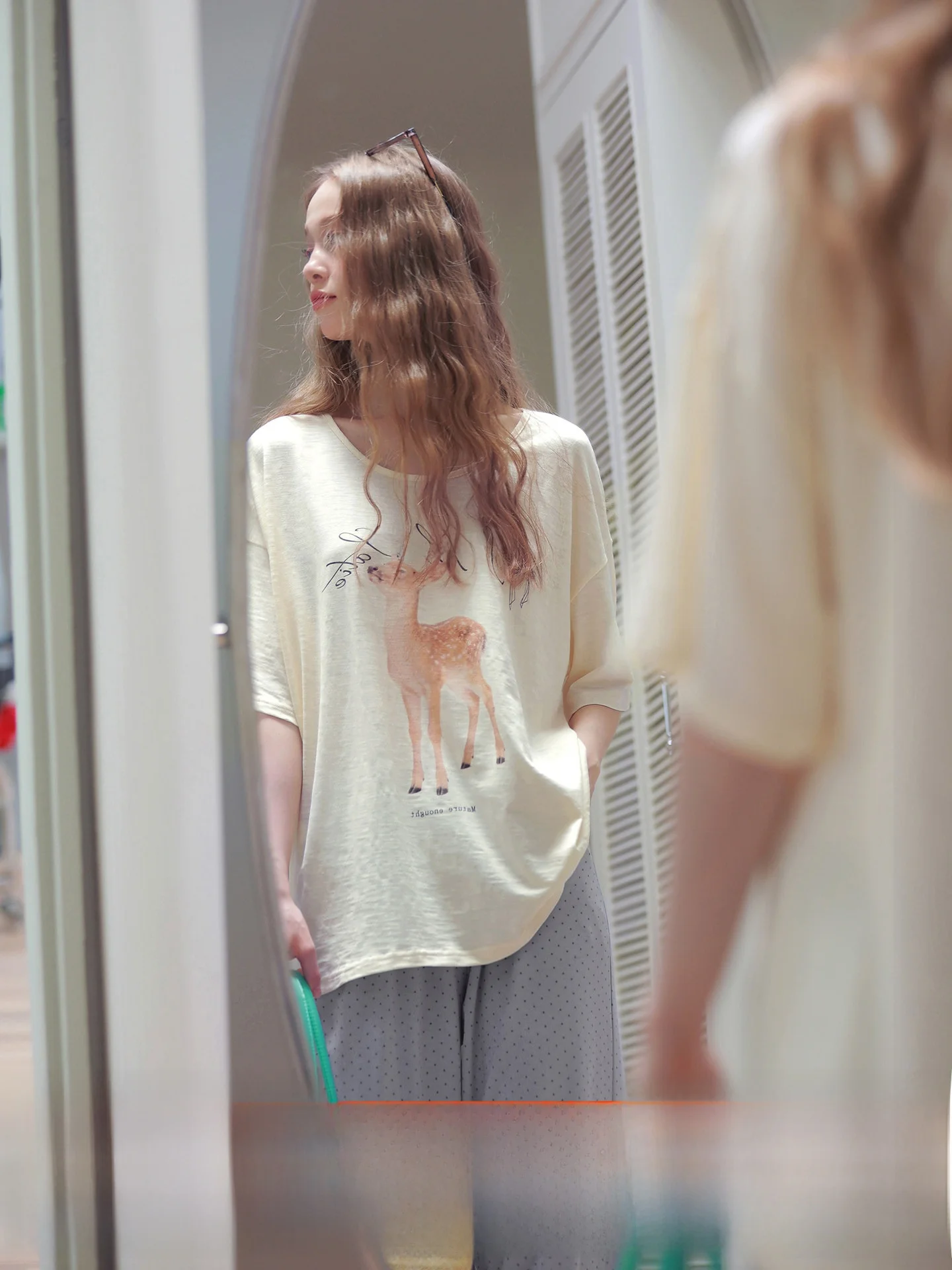 mrs-si-li-modal-cotton-sleepwear-women's-summer-deer-print-short-sleeve-long-pants-korean-style-fashion-home-clothes
