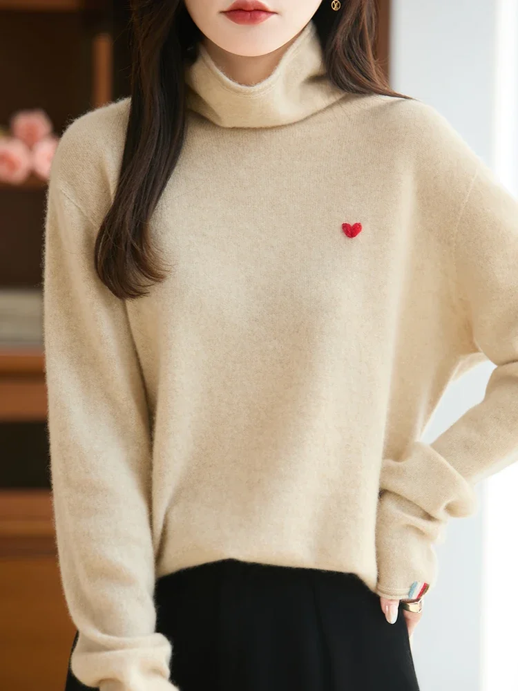 Merino Wool Stacked Neckline Heart Pattern Pullover for Women Autumn Winter Knit Top