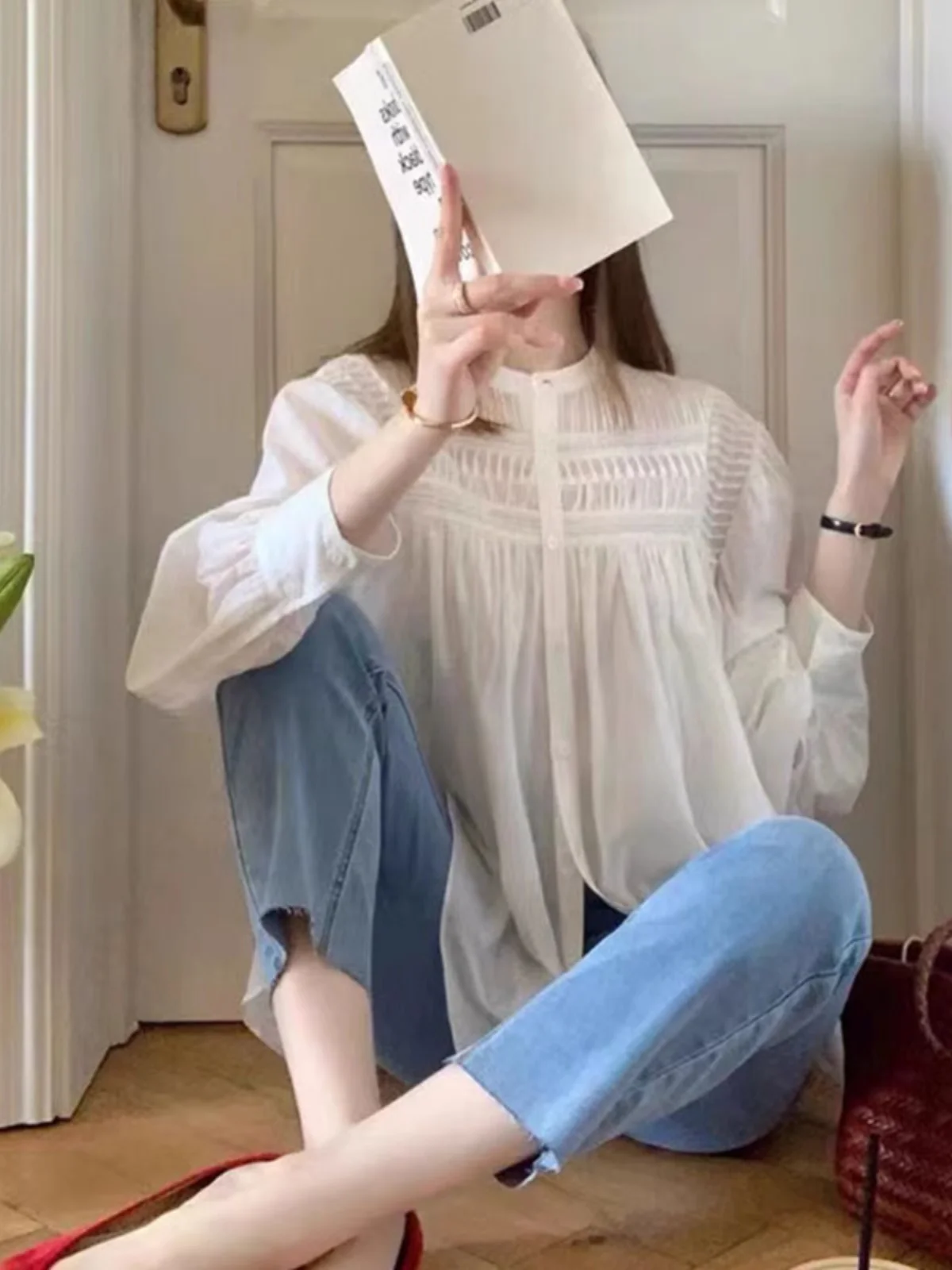 Schickes Retro-weißes irt Sweet Long Sve Doll-Design für Damen, High-End-Feeling, Frühlingsneues Sle-Top, faionable Ele