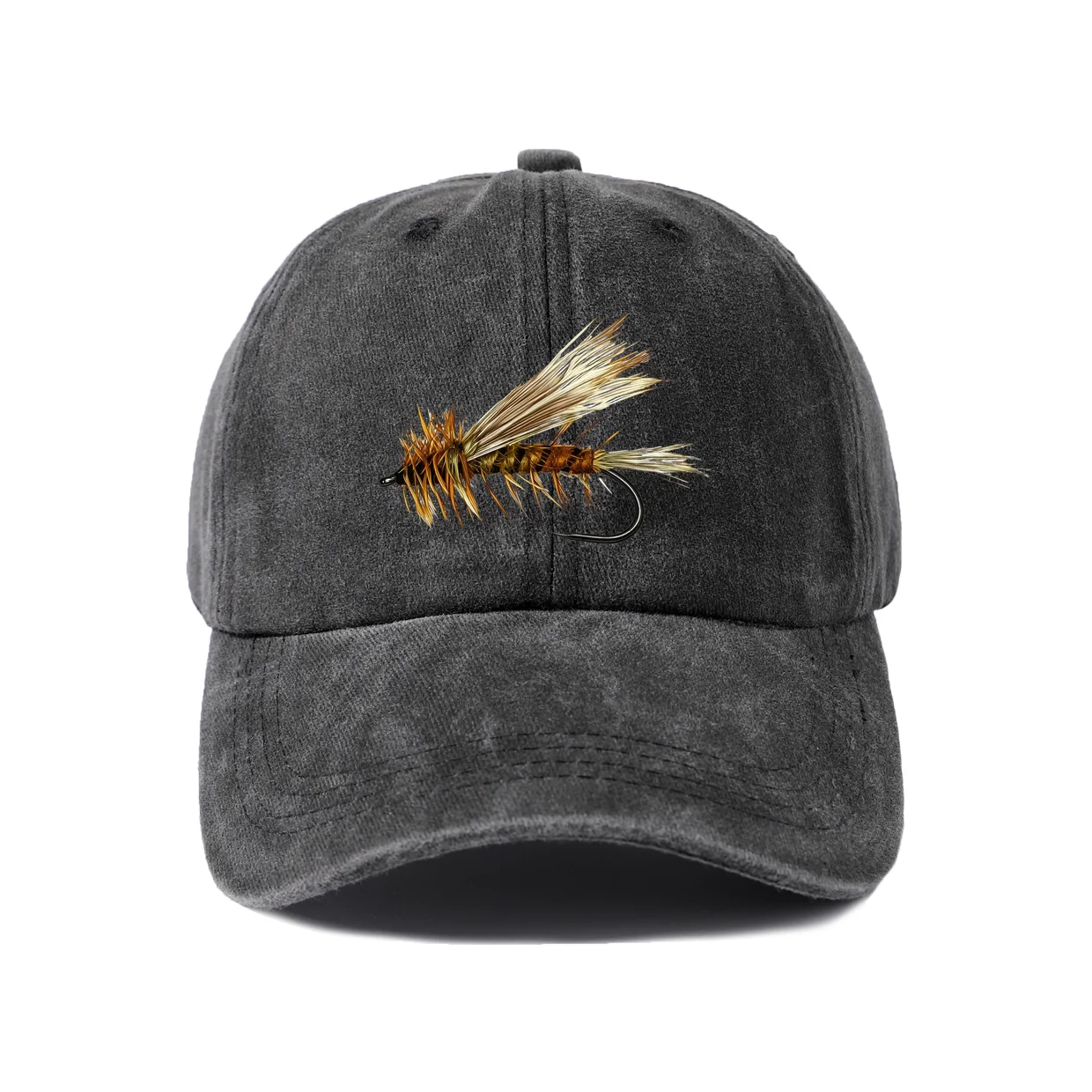 Fishing Fly Lure Graphic Vintage Washed Baseball Cap, Adjustable Unisex Dad Hat, Casual Gift