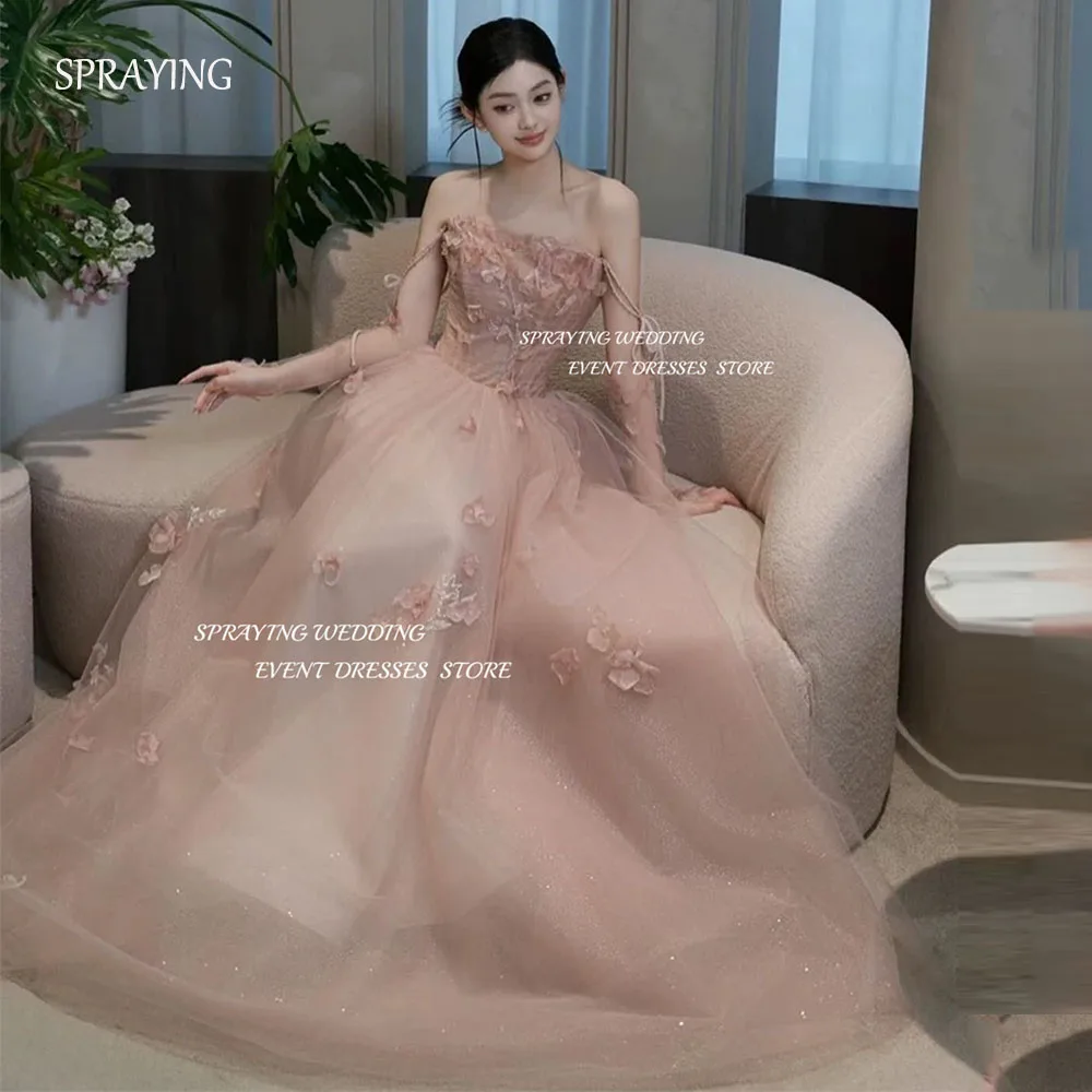 

SPRAYING Princess Blush Pink Tulle Wedding Dresses Korea Photo Shoot 3D Flowers Spaghetti Straps Floor Length Shiny Evening Gown