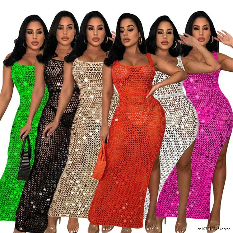 Robe longue de plage à paillettes pour femmes, robe de soirée, robe de club, robe éducative, fente haute, évider, côté fibre, sexy, été