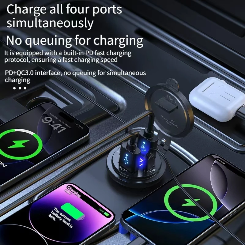 2/4 Port PD QC 3.0 USB Car Charger with Voltmeter Socket Power Outlet Adapter Waterproof  For 12V/24V Car Boat Motorcycle
