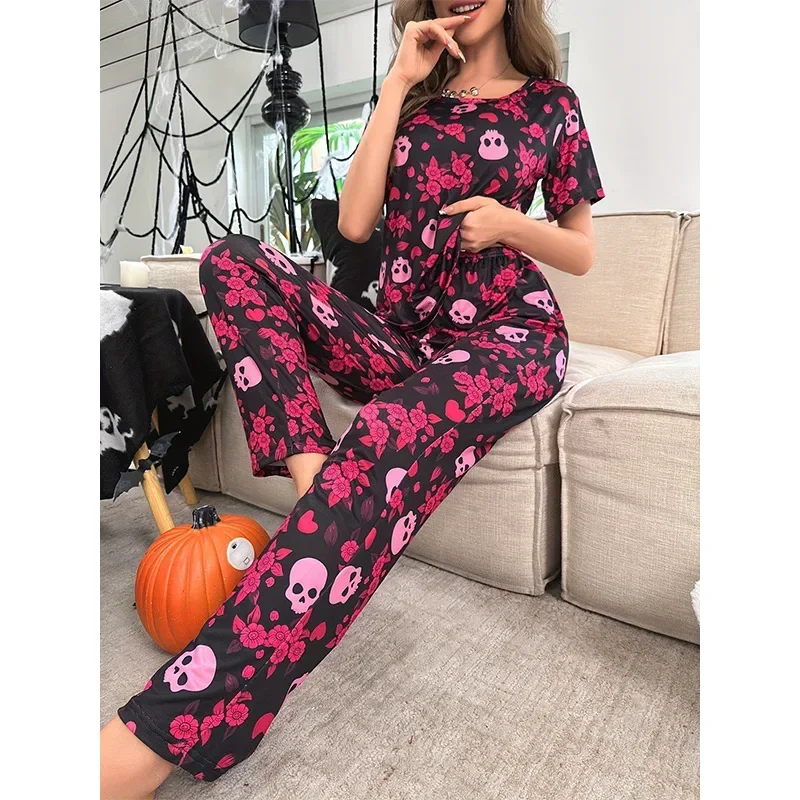 Summer Short Sleeve Pajamas Women\'s Simulation Silk Cool Homewear Halloween Printed Pants Set Pijamas Women Pijamas De Mujer