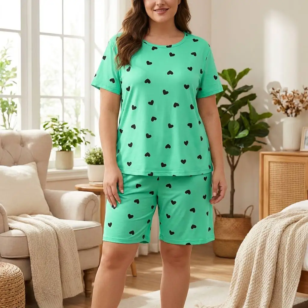 New Arrival Trendy 4 Colors Set Short Sleeve Heart Print Cozy Milk Fiber Plus Size Soft wear Daily Night