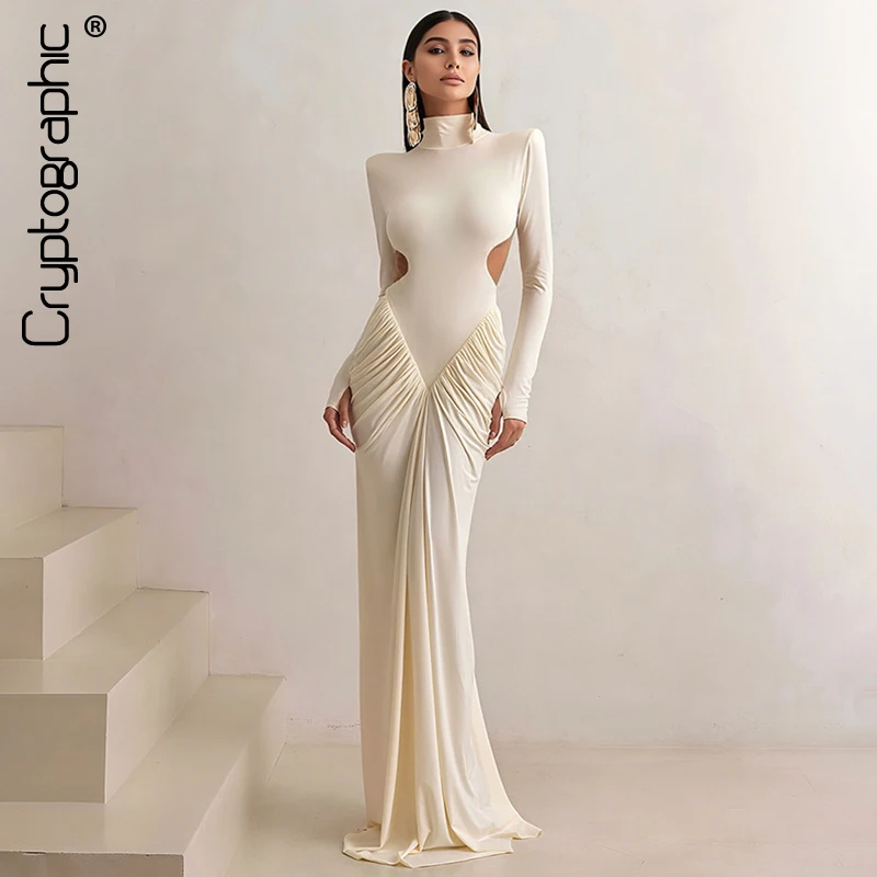 

Cryptographic Elegant Fashion Ruched Long Sleeve Maxi Dress Women Club Party Sexy Backless Cut Out Turtleneck Dresses Gown Solid