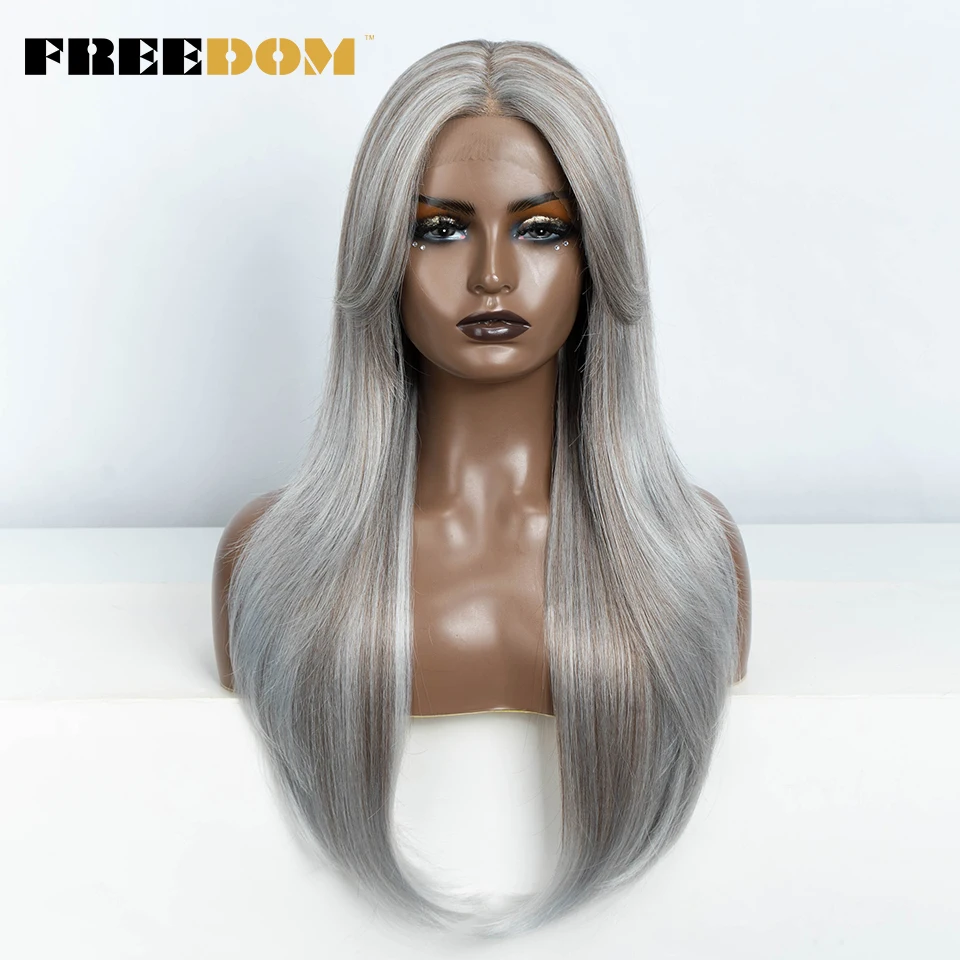 

FREEDOM Synthetic Lace Frontal Wigs For Women 26 Inch Long Straight Lace Wig With Bangs Ombre Brown Blonde Grey Red Cosplay Wigs