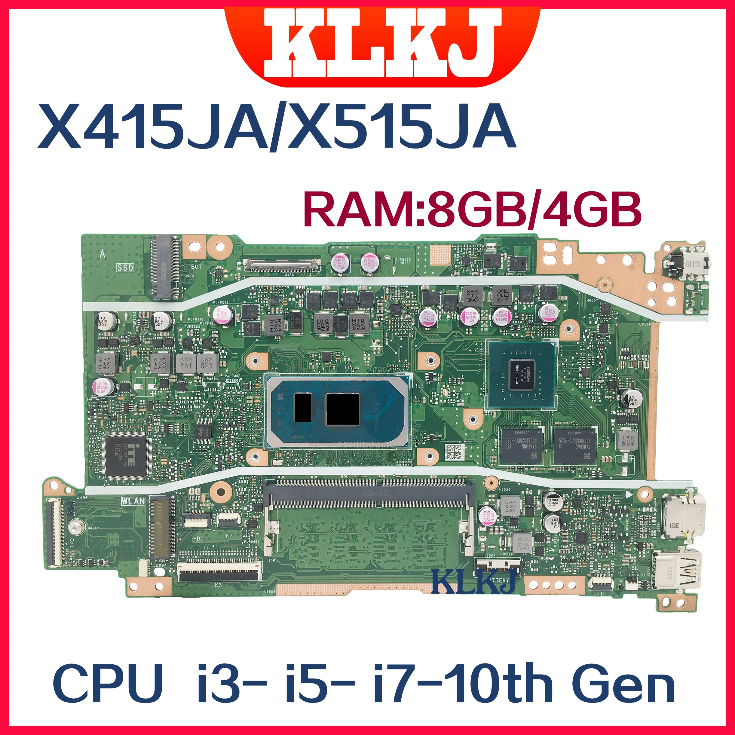 X515JA 메인보드, X415JA X515JF ASUS X515JAB X515JP V5200JA F515J 노트북 마더보드 W/i3 i5 i7-10th Gen 4GB/8GB RAM UMA/V2G