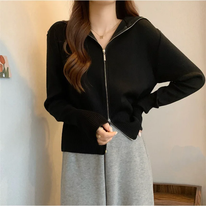 Dzianinowe swetry z zamkami błyskawicznymi, stójką, damskie, uliczne, khaki, kardigany z długim rękawem, topy, nowa kolekcja jesień 2025, damskie, jednolite, dzianiny.