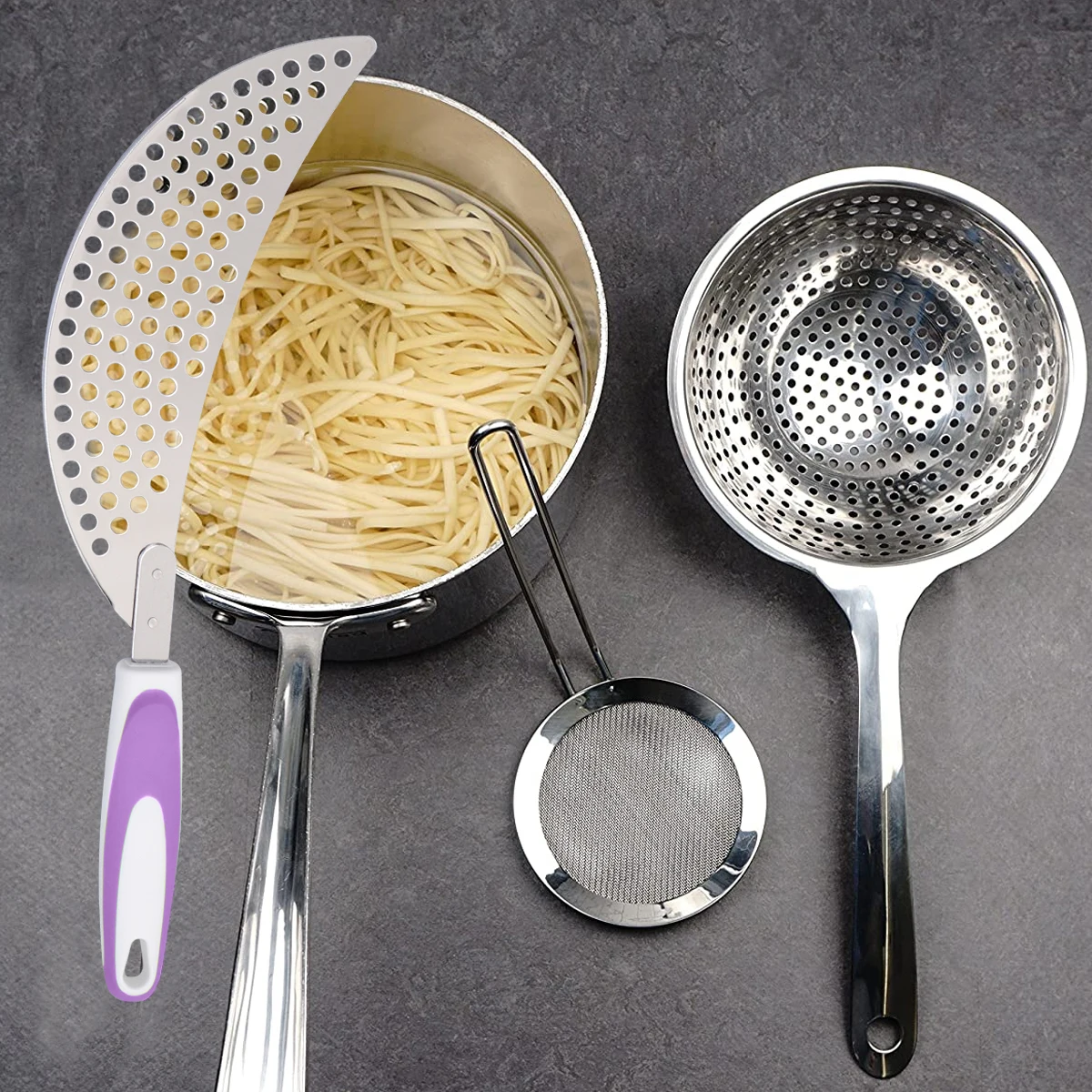 

1pc Stainless Steel Pot Strainer Plastic Handle For Draining Pasta Rice Kitchen Tool Pan Filter Drainage Mesh Ladle Practical