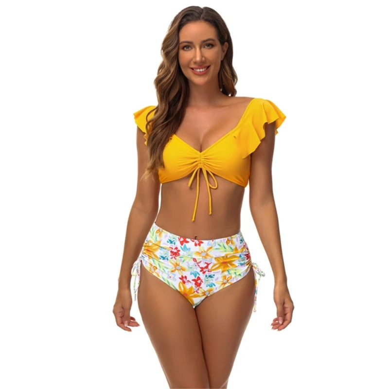 Women Beachwear High Waist Chest Gathered V-Neck Swimming Suits Ruffled Swimwear