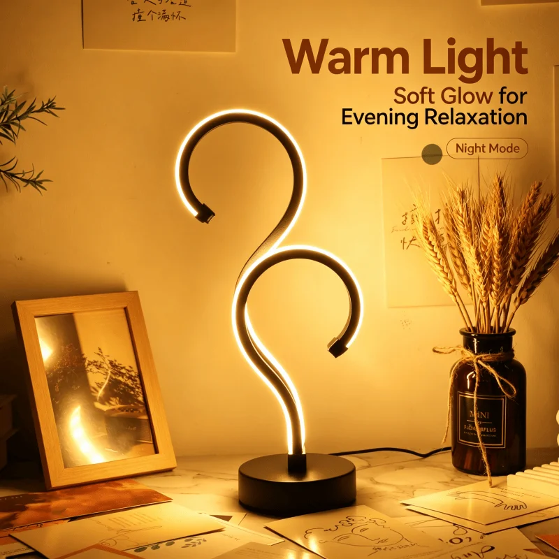 3 Light Modes Curved LED Table Lamp, Minimalist Spiral Decor Desk Lamp, Ambient Night Light for Bedroom Living Room Guest Room