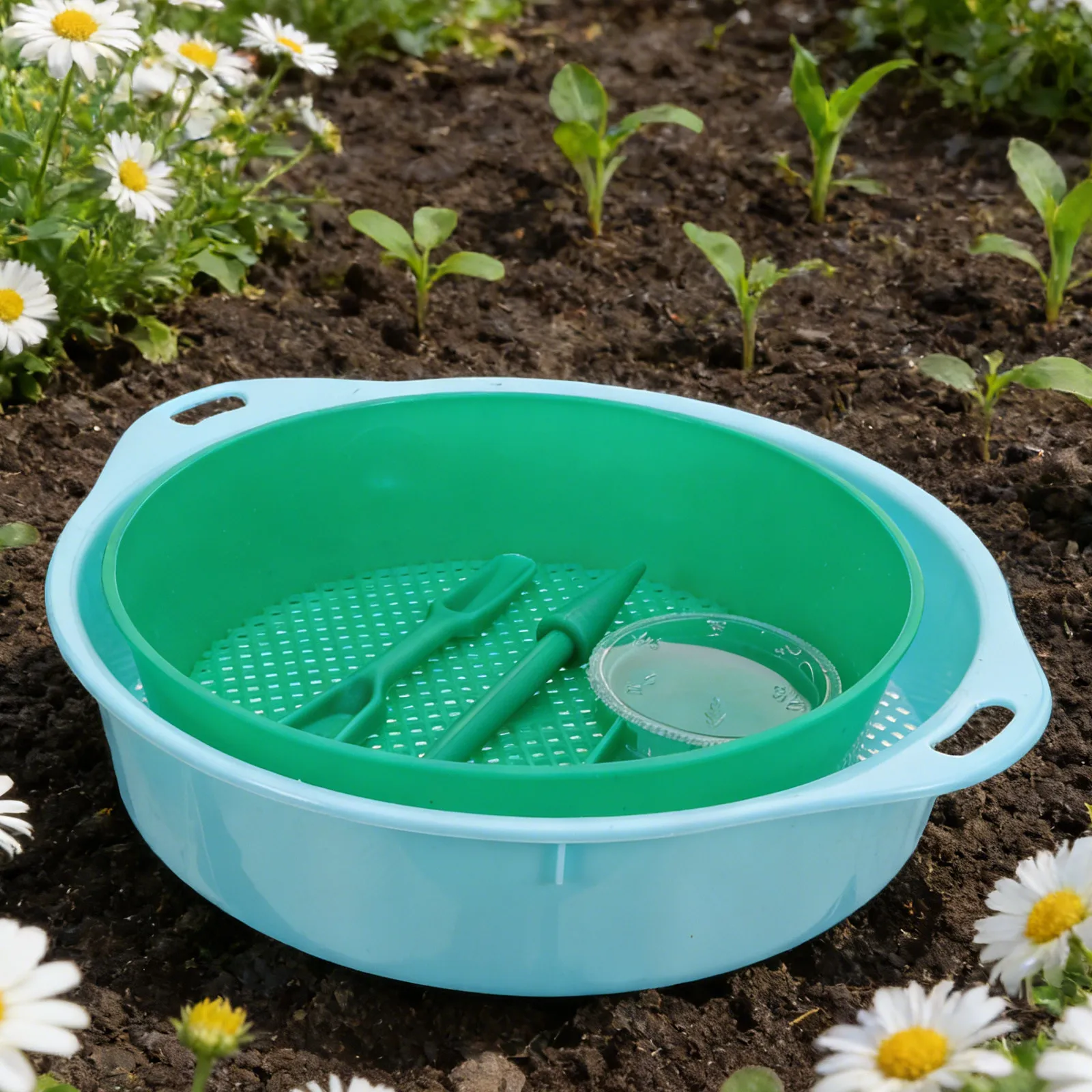 Seed Planter Tool with Extended Handle, Soil Sifter & Seedling Transplanter Kit – Lightweight Gardening Tools