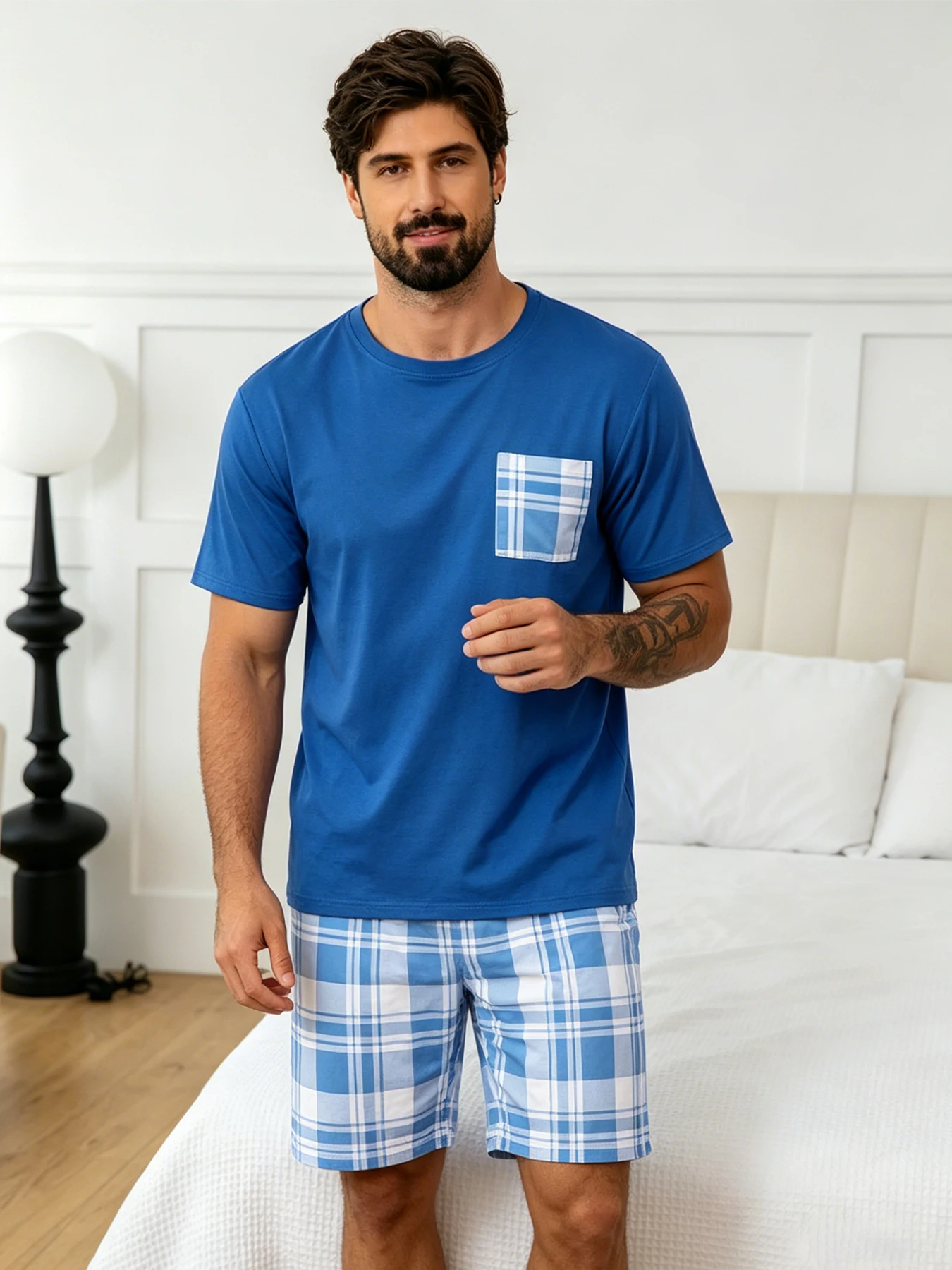 Pyjama-Set mit Buchstaben-Bär-Aufdruck, kurzärmliges Oberteil und lockere Shorts, atmungsaktiver Stoff, große Passform, Herren-Loungewear, Nachtwäsche, Pjs – Detail 20