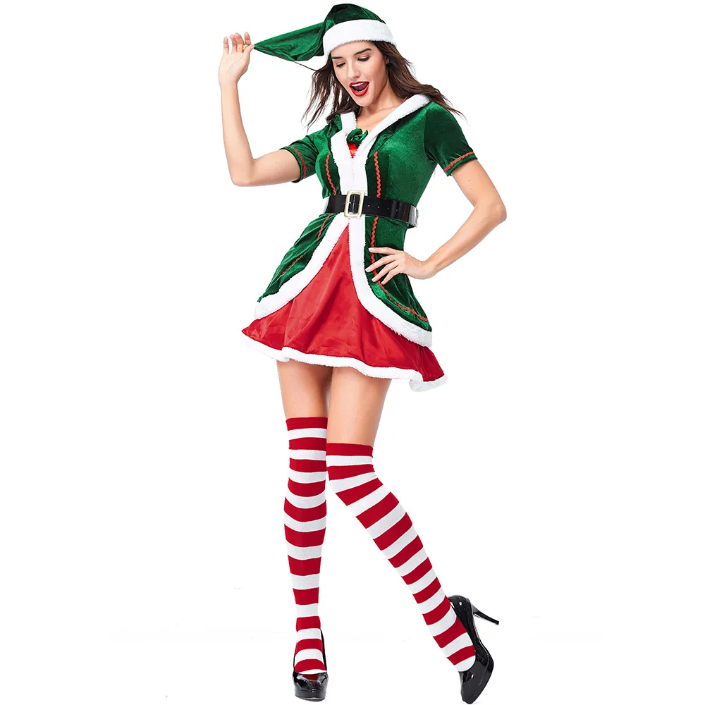 Kerst Kerstman Groene Elf Cosplay Kostuums Sexy Mooie Jurken Hoed Sokken Outfit Meisje Vrouwen Rollenspel Party Show Suits