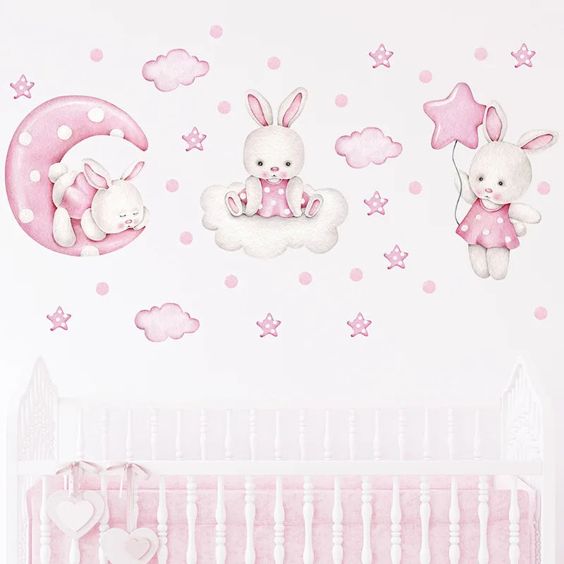 Autocollants muraux de chambre de bébé fille, Stickers muraux de dessin animé lapin rose, décoration de chambre d\'enfants, pour la crèche