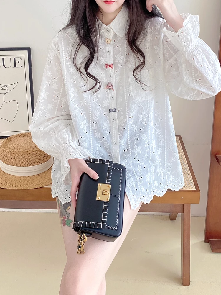 

Preppy Style Shirts Peter Pan Collar Hollow Out Embroidery Cartoon Button Blouse 2025 New Fashion Sweet All Match Women Clothing